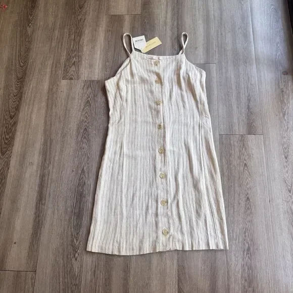NWT Monteau Mini Dress Small Cream Pinstripe Button Linen Blend Preppy Cottage - Picture 4 of 9